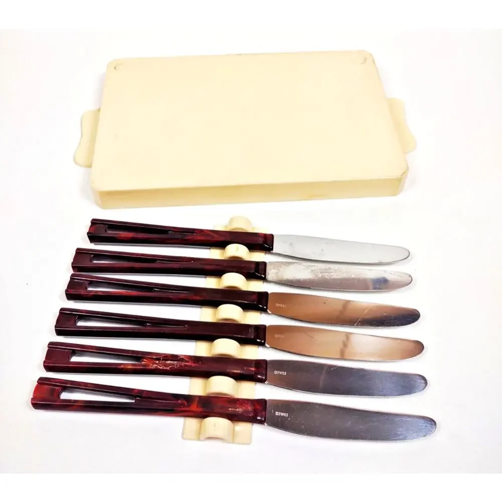 6 Vintage Matching Stanhome Stainless Steak Knife Set Serrated Edge Plastic Tray